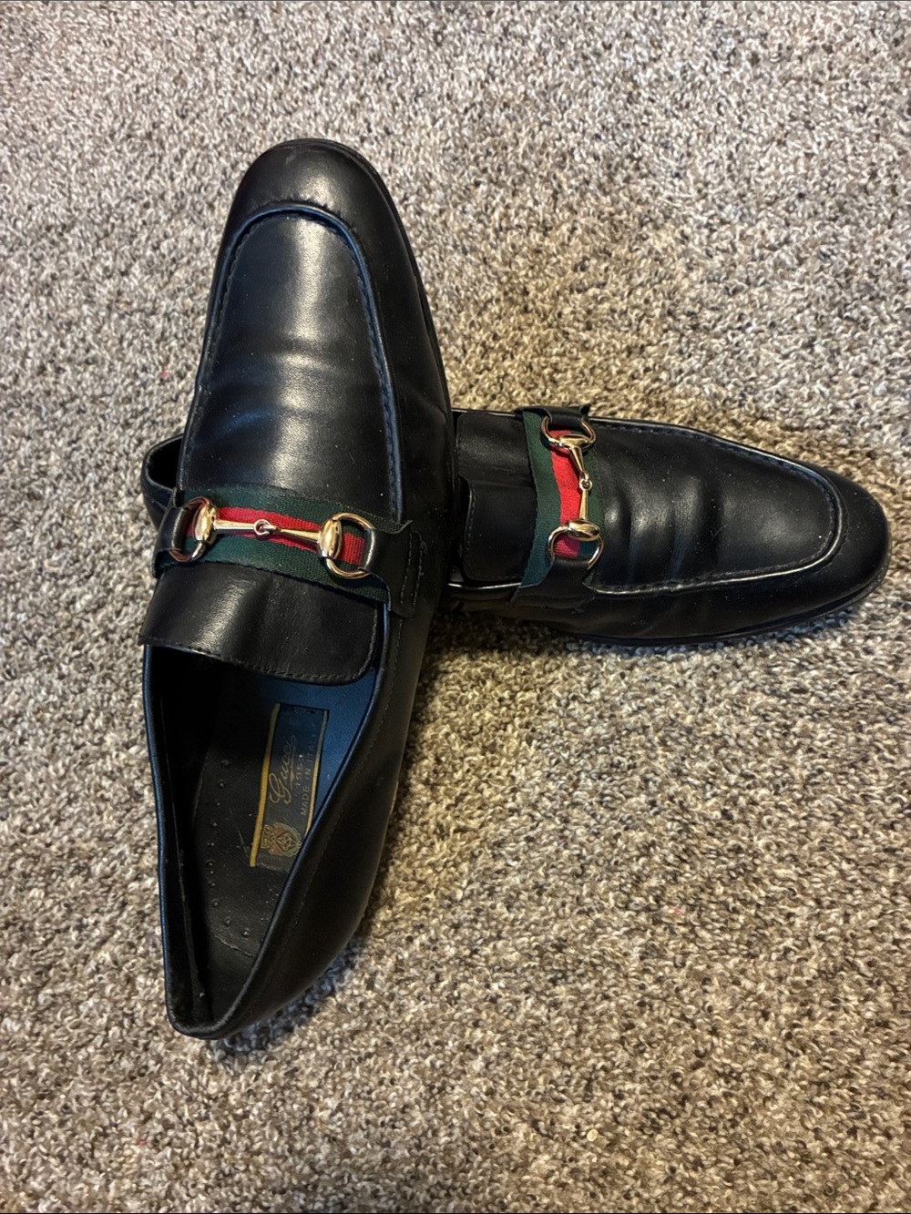 Gucci Black Leather Loafers with Red and Green Web size 44 fits 10.5 USA - Picture 2 of 5